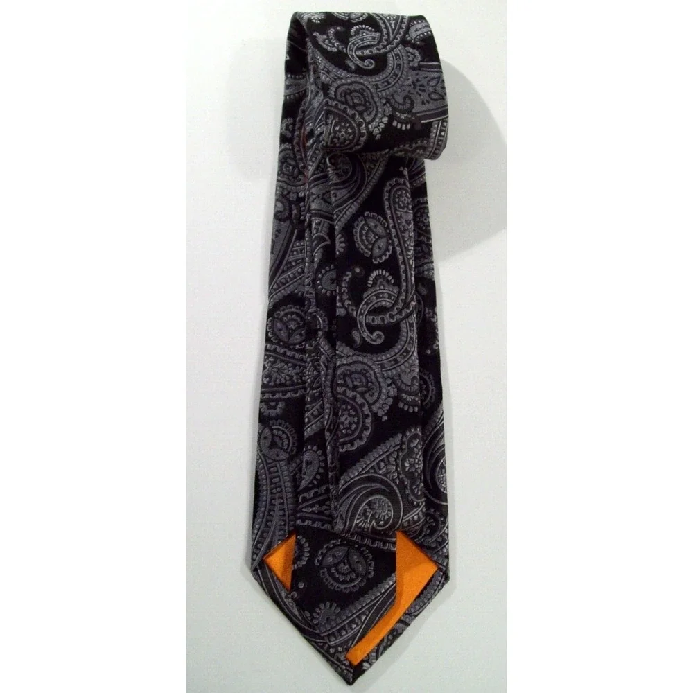 Men's Tallia 100% Silk Neck‎ Tie, Black Gray Paisley